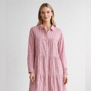 100% Linen J. Jill Pink and Gray Striped Button Down Dress
